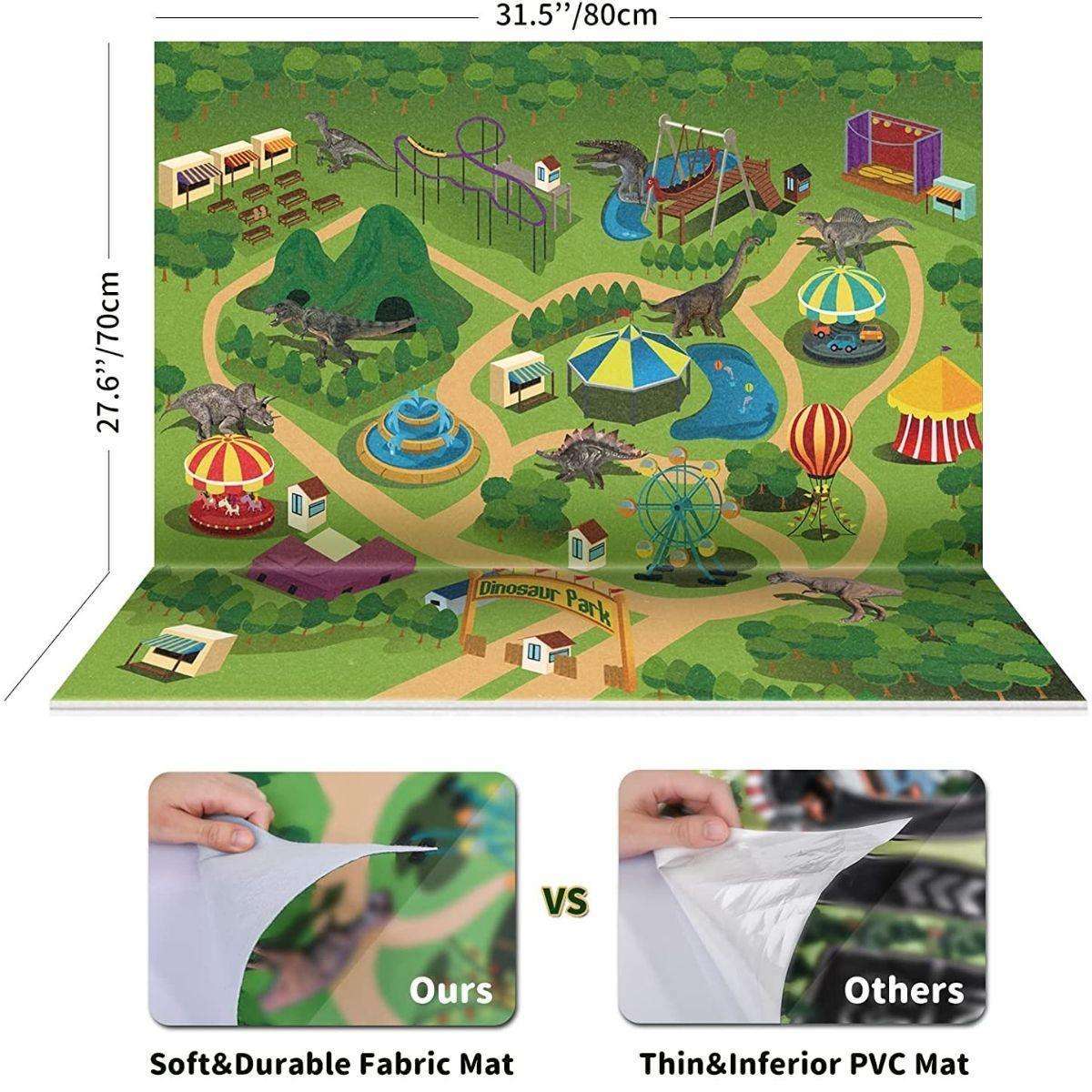 Kidst Dinosaur Play Set with soft, durable fabric activity mat featuring a colorful dinosaur park scene for imaginative play and education.