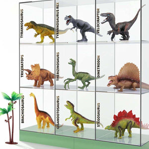 Kidst Dinosaur Play Set with 9 realistic dinosaur toys displayed in a clear multi-compartment case with labels.