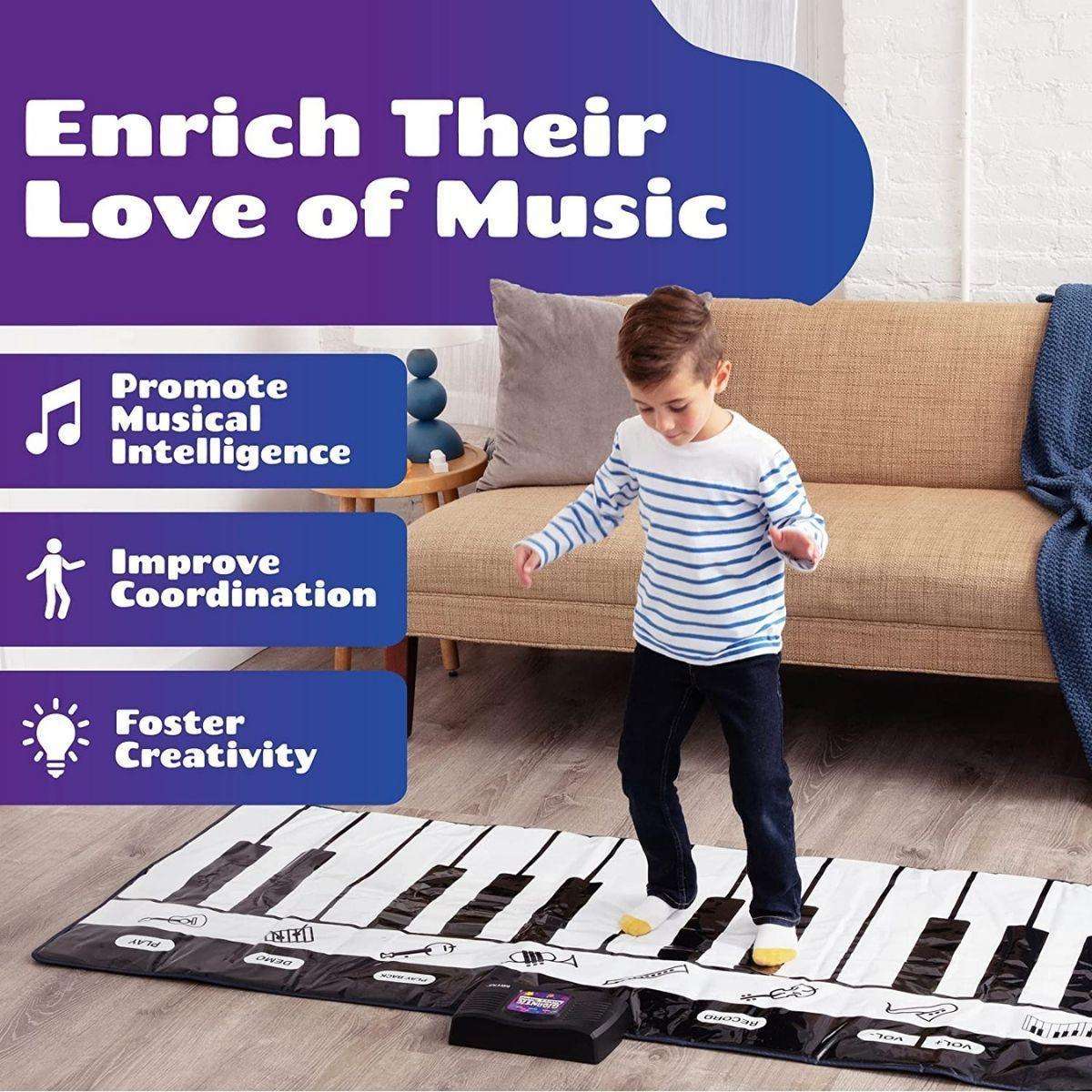 Child playing on Kidst Piano Play Mat musical keyboard dance mat toy indoors