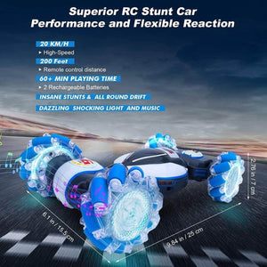 Kidst RC stunt car with 4WD, gesture control, 360° spins, dazzling lights, and music on racing track