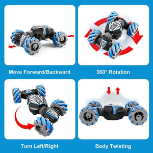 Kidst RC Stunt Car performing 360° rotation, body twisting, forward/backward movement, and left/right turns