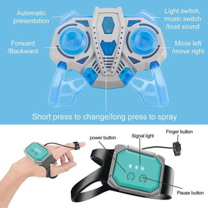 Kidst RC Stunt Car remote controls showing buttons and gesture watch controller with labels on blue background