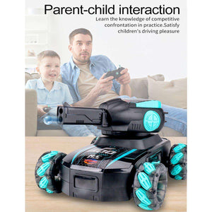 Kidst RC Tank Toy with multi-directional wheels and gesture control played by father and son indoors
