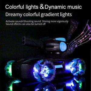 Kidst RC Tank Toy with colorful lights and dynamic music effects in dark setting