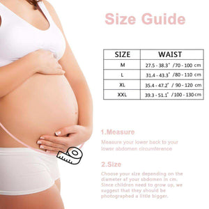 Pregnant woman measuring belly with tape showing MaterniCare BellyGuard maternity belt size guide.