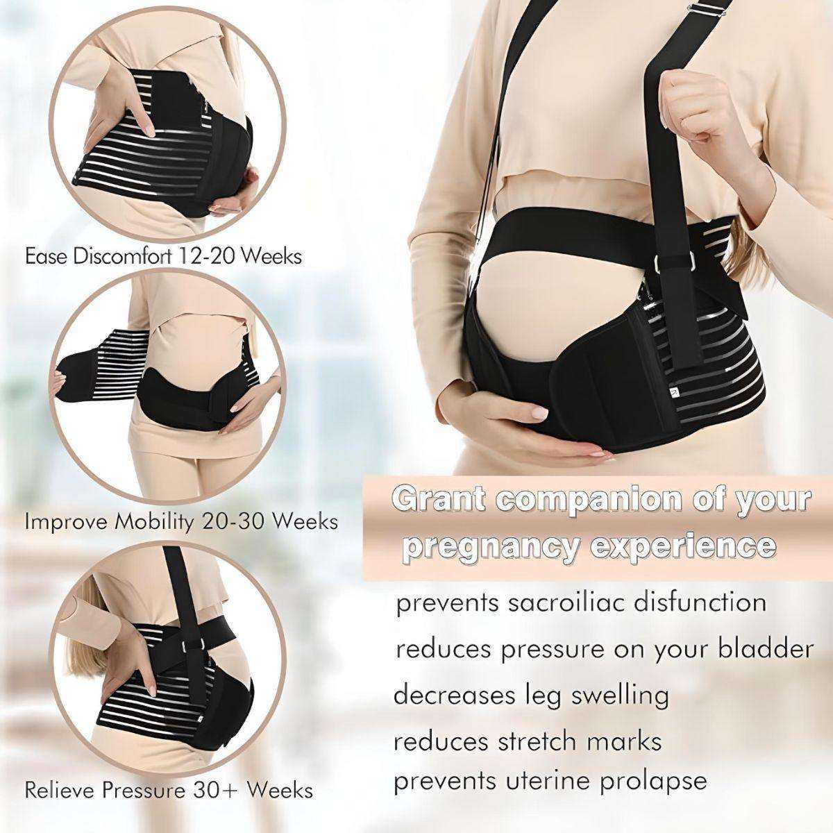 Pregnant woman wearing adjustable MaterniCare BellyGuard pregnancy belly band with shoulder straps