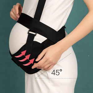 Pregnant woman wearing MaterniCare BellyGuard maternity belt with adjustable straps providing support at 45-degree angle