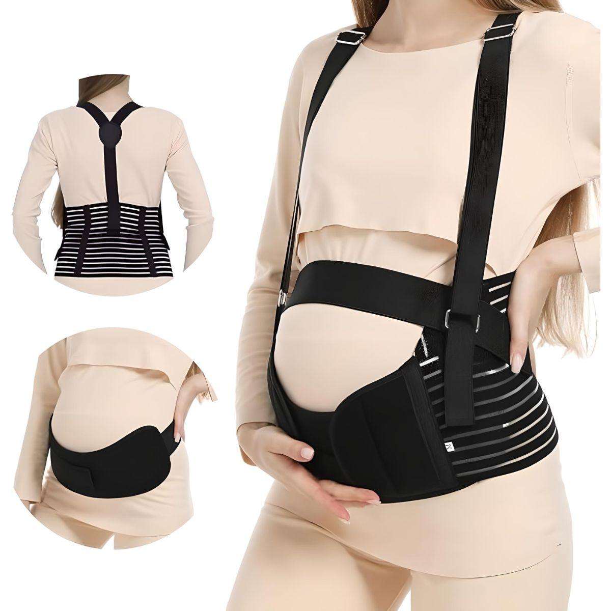 Pregnant woman wearing MaterniCare BellyGuard maternity belt with adjustable straps and supportive black band