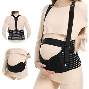 Pregnant woman wearing MaterniCare BellyGuard maternity belt with adjustable straps and supportive black band