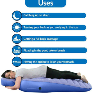 Pregnant woman lying on blue inflatable MaterniCare DreamBelly pregnancy pillow, highlighting uses like sleeping, sunbathing, and floating in water.