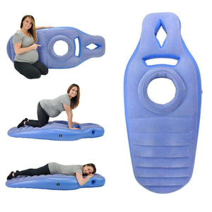 MaterniCare DreamBelly inflatable pregnancy pillow in blue shown with pregnant woman demonstrating various comfortable positions