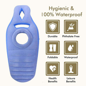 Blue MaterniCare DreamBelly inflatable pregnancy pillow highlighting waterproof, durable, phthalate-free, foldable, health and leisure benefits