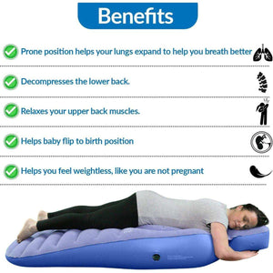 MaterniCare DreamBelly inflatable pregnancy pillow benefits with woman lying prone for comfort and support