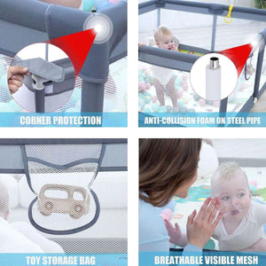 Toddly Explorer Max baby playpen with corner protection, anti-collision foam, toy storage bag, and breathable mesh design