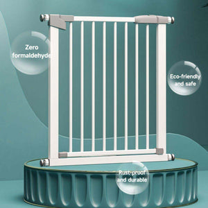 Toddly GuardMate Baby Safety Gate in white, eco-friendly, rust-proof, adjustable with zero formaldehyde text.
