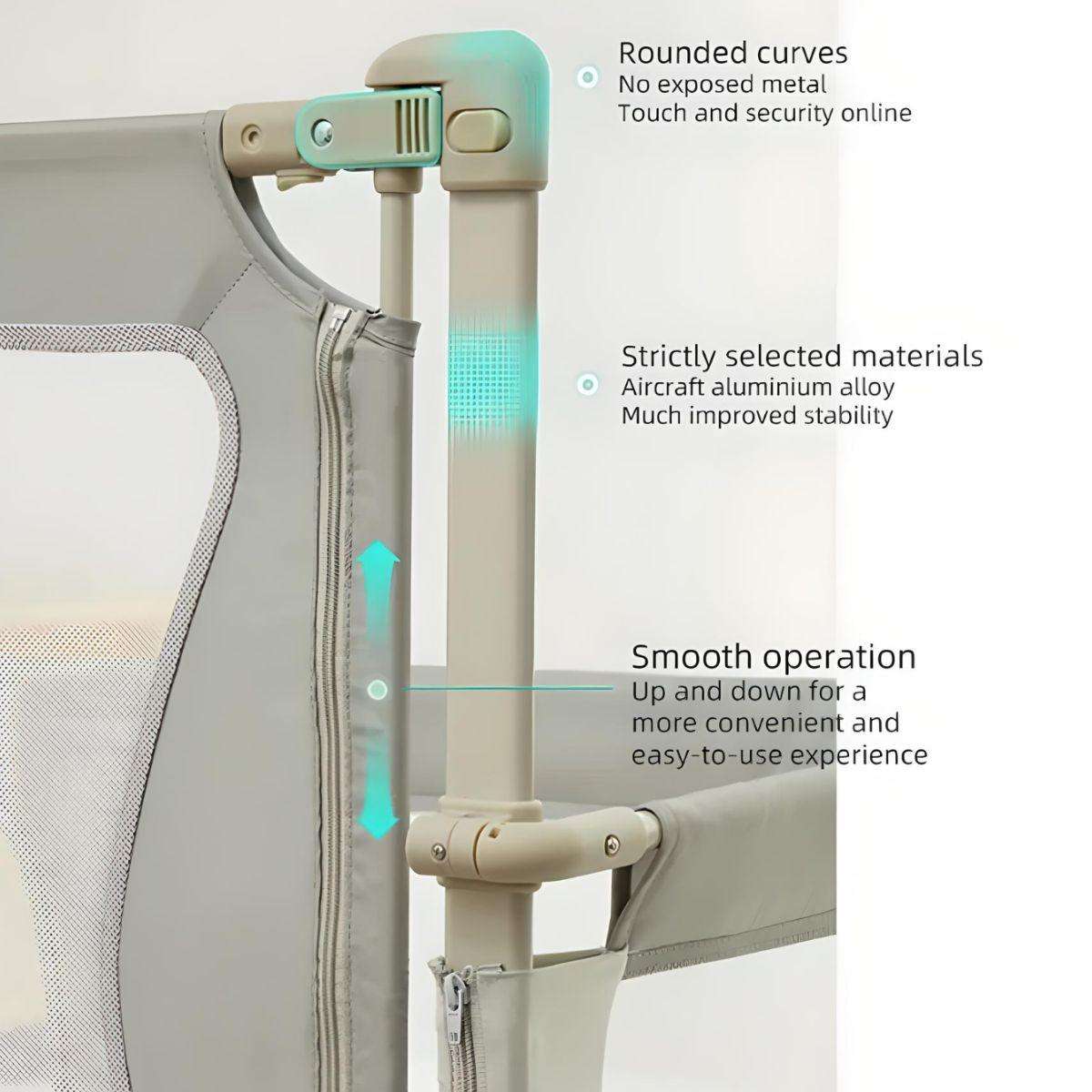 NightNest Bedside Rail close-up showing rounded curves, aircraft aluminum alloy frame, and smooth lift operation for baby safety and convenience