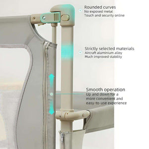 NightNest Bedside Rail close-up showing rounded curves, aircraft aluminum alloy frame, and smooth lift operation for baby safety and convenience