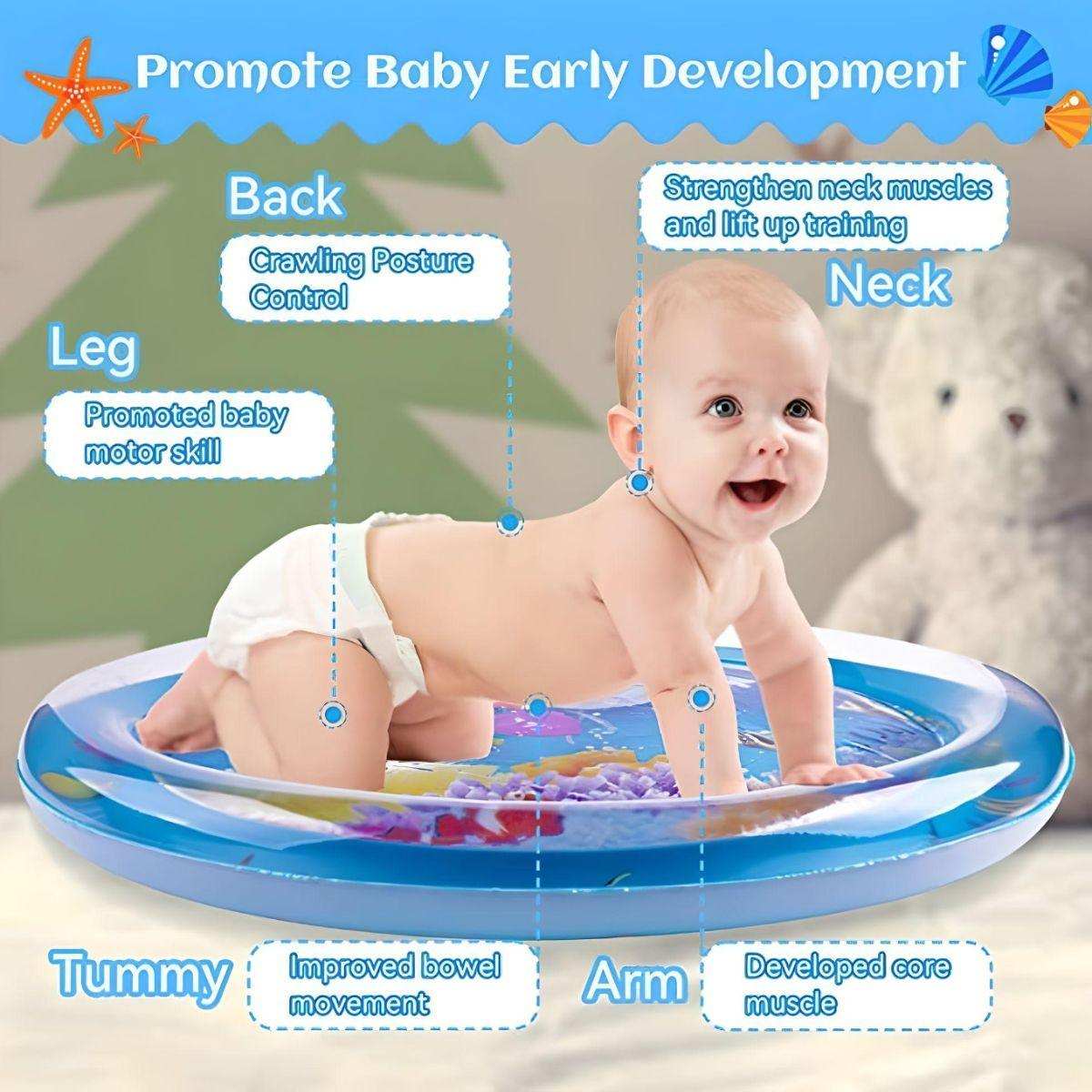 Baby playing on Toddly SplashCircle tummy time water mat promoting early development and motor skills