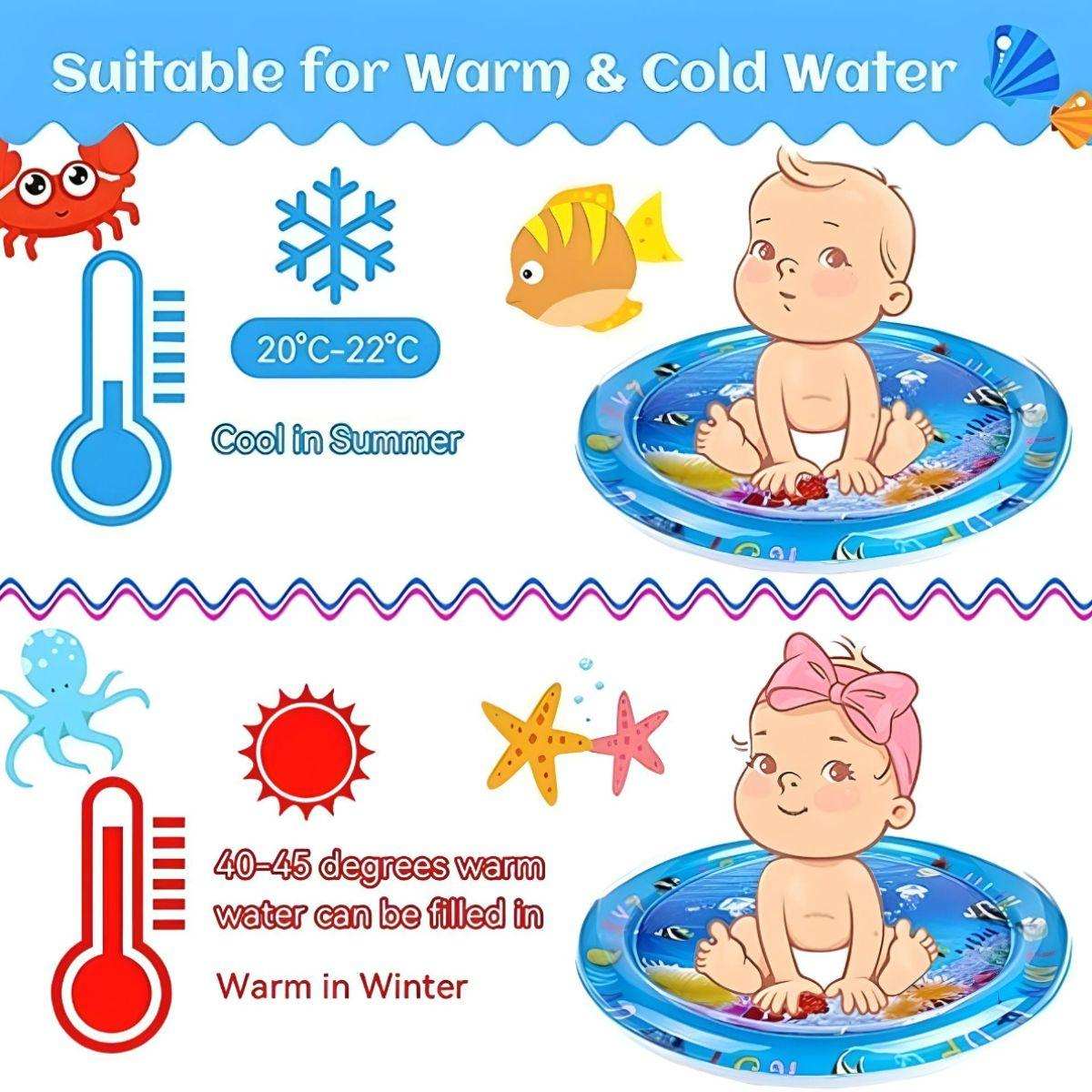 Toddly SplashCircle round tummy time water mat with baby in warm and cold water settings for sensory play and development