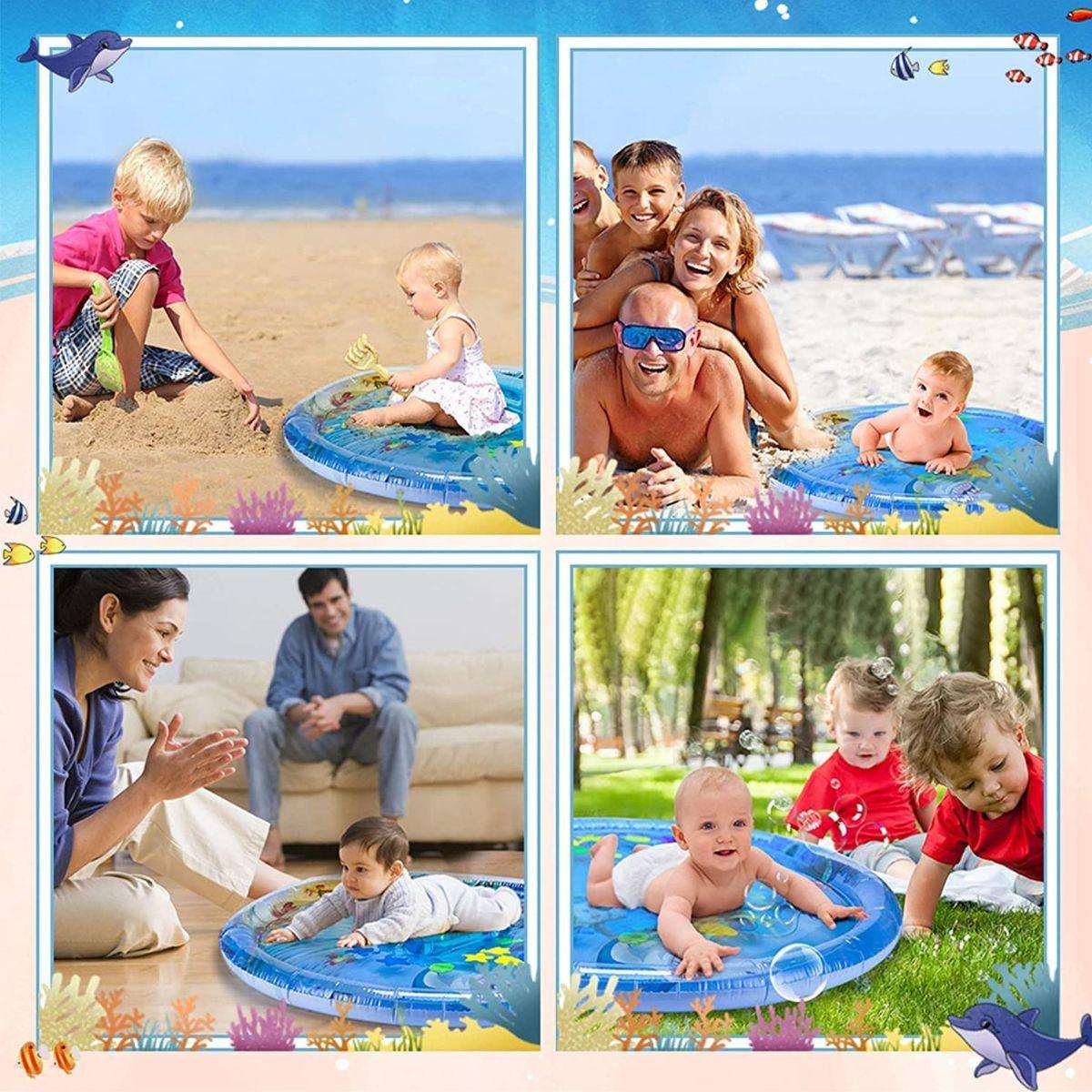 Toddly SplashJourney XL inflatable tummy time water mat with babies and families playing outdoors and indoors