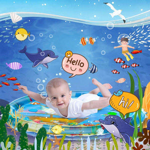Toddly SplashJourney XL inflatable tummy time water mat with baby and colorful underwater sea creatures design