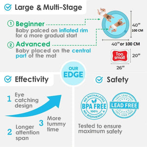 Toddly SplashJourney XL inflatable tummy time water mat with eye-catching design, BPA and lead-free safety features, suitable for beginners and advanced babies.