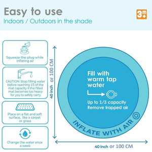 Toddly SplashJourney XL inflatable baby tummy time water mat with warm tap water fill and air-inflated rim for sensory play.