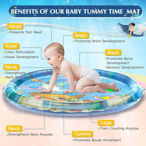 Baby on Toddly SplashJourney XL inflatable tummy time water mat showing benefits for head, eyes, brain, neck, back, legs, and tummy development