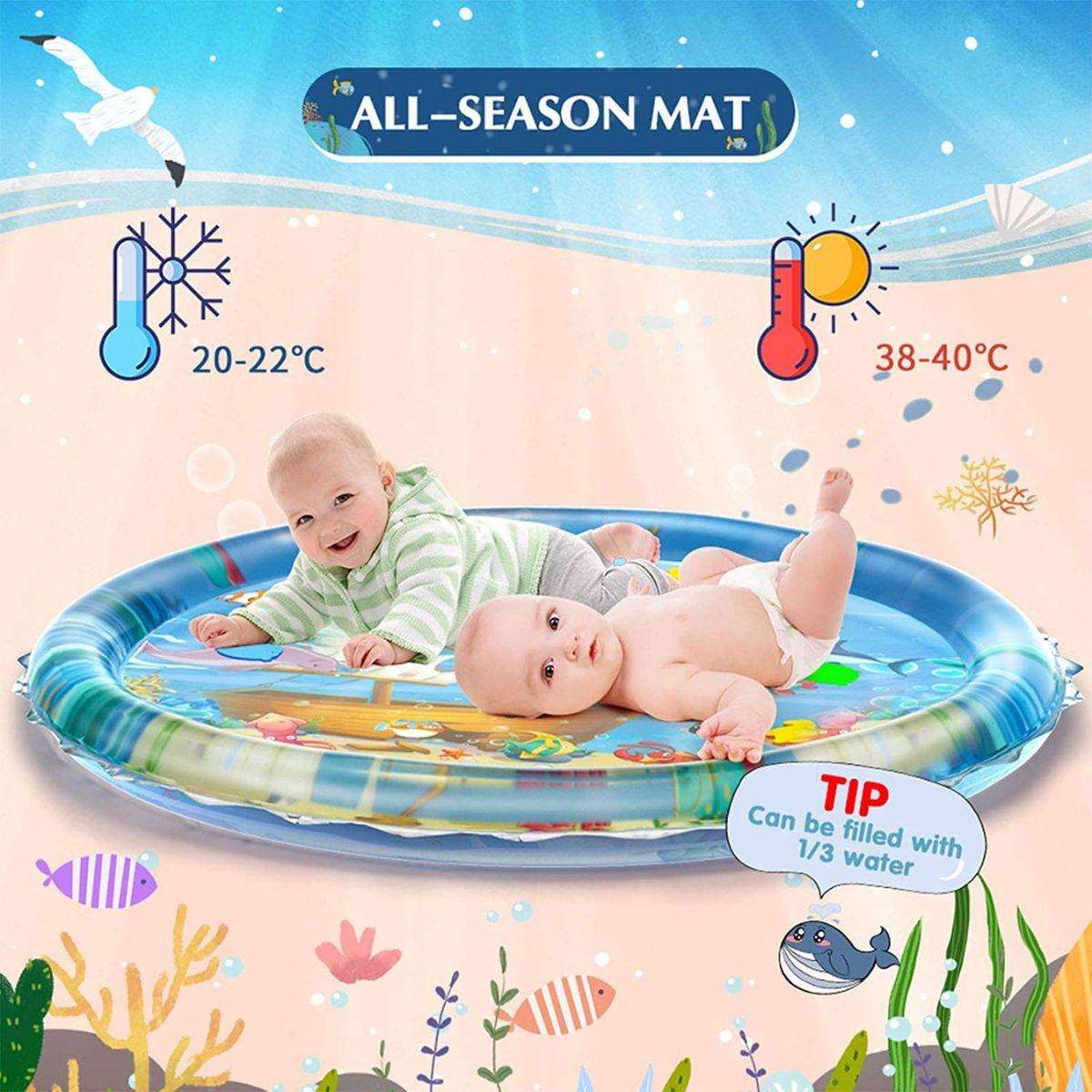 Toddly SplashJourney XL inflatable tummy time water mat with babies playing on all-season sensory play surface