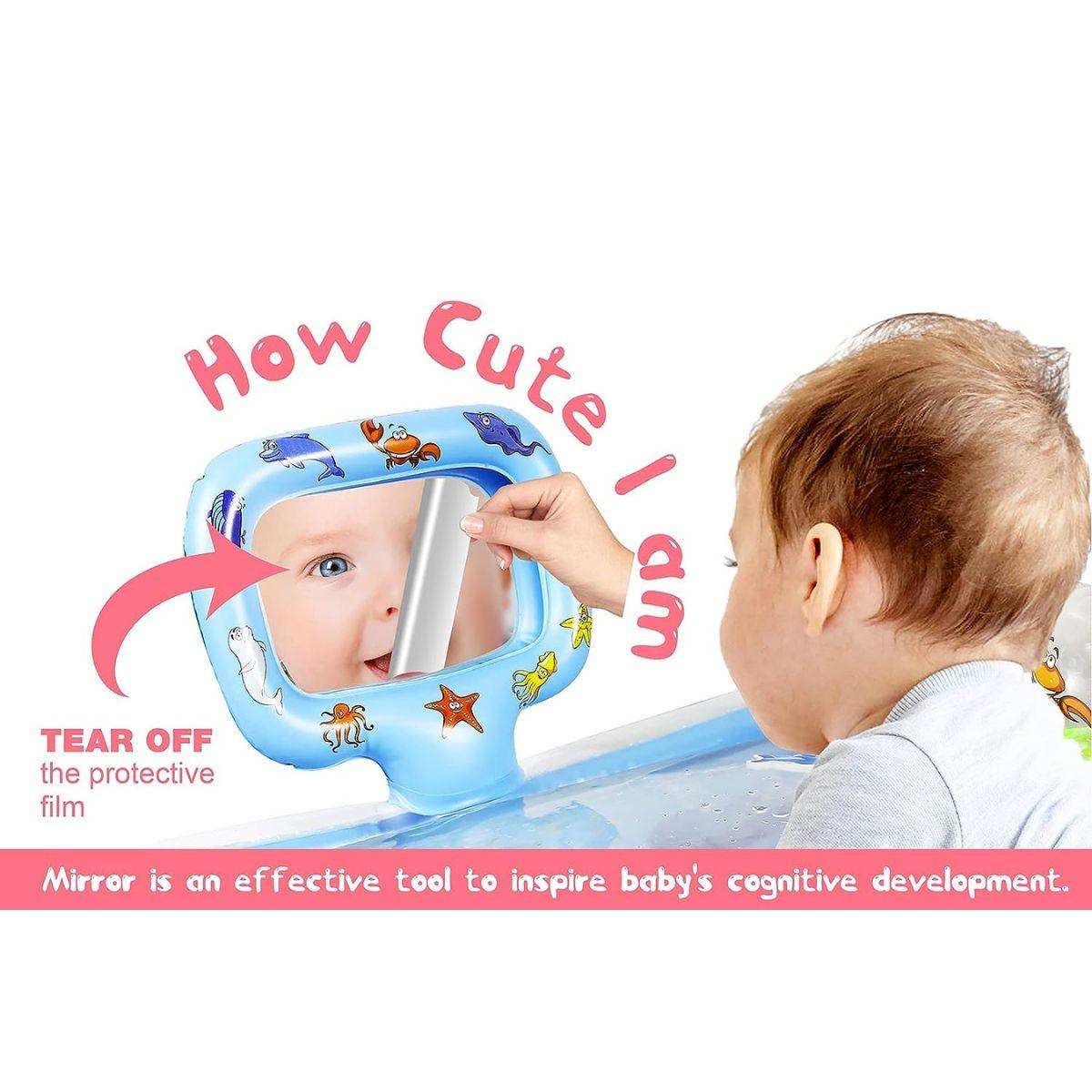 Baby using Toddly SplashMirror tummy time water mat with mirror for sensory and cognitive development
