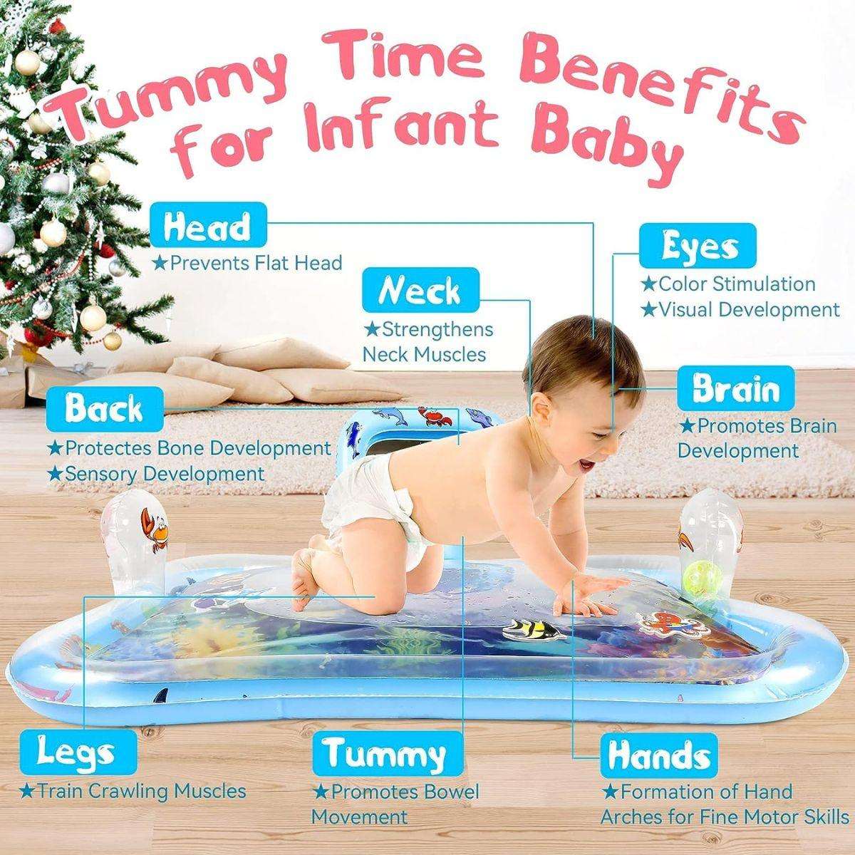 Baby on Toddly SplashMirror tummy time water mat highlighting developmental benefits for head, neck, eyes, brain, back, legs, tummy, and hands