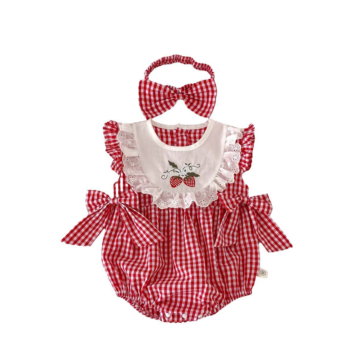 Feather & Fawn Strawberry Fields Gingham Romper with Matching Headband