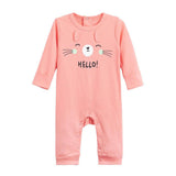 Feather & Fawn Long Sleeve Animal Print Baby Romper | Hello Bunny, Let’s Play Bear, or Have Fun Leopard (9–12 M)