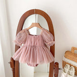 Feather & Fawn Celeste Tulle Puff-Sleeve Romper Dress