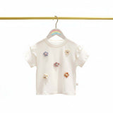 Baby girl cotton top with 3D crochet daisy appliqués and ruffled sleeves