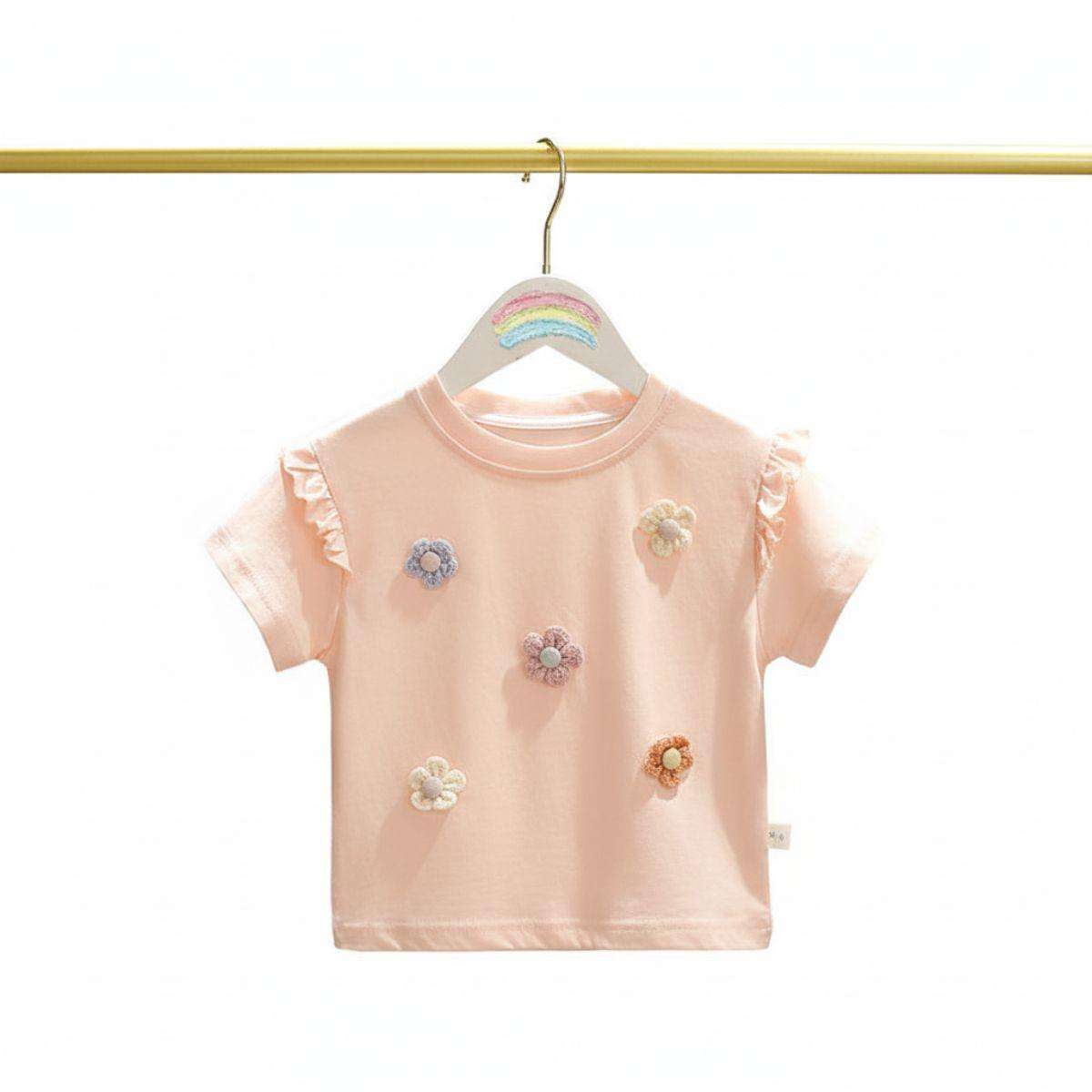 Baby girl cotton tee with 3D crochet daisy appliqués and ruffled butterfly sleeves