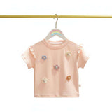 Baby girl cotton tee with 3D crochet daisy appliqués and ruffled butterfly sleeves