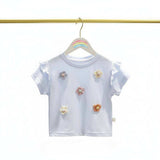 Baby girl cotton tee with 3D crochet daisy appliqués and ruffled sleeves