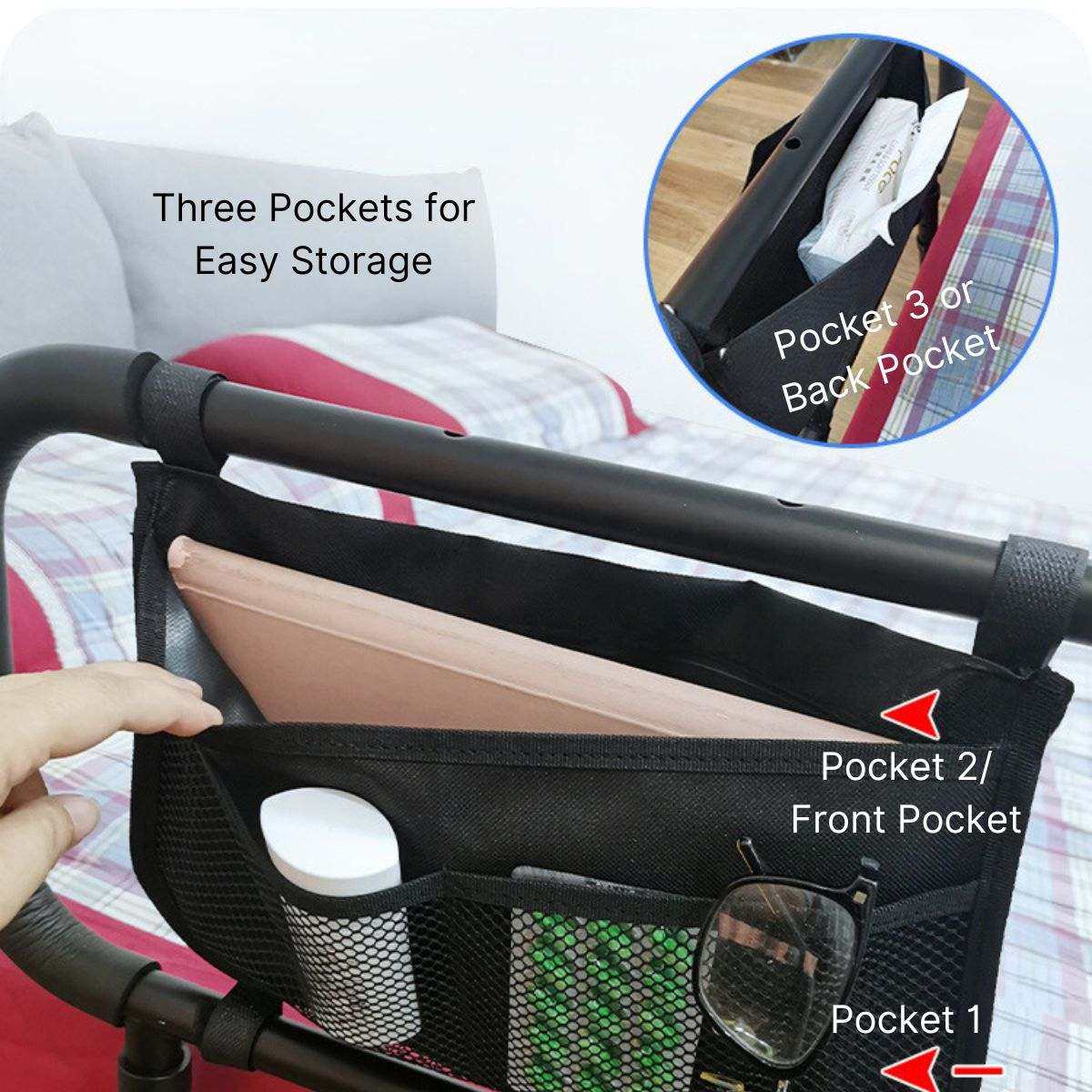 RiseEase adjustable bed rails for elderly with padded handrail and storage pockets