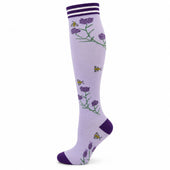 Compression Socks in light purple stretch knit with floral stems, small bees, and dark purple striped cuffs, heels and toes