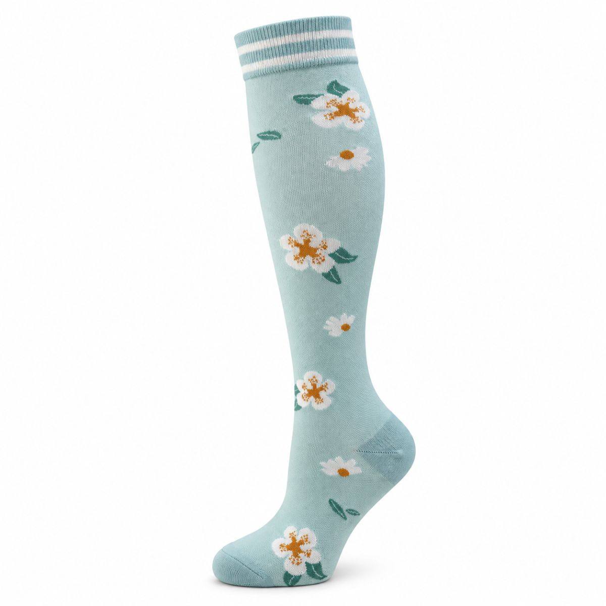 Compression Socks in pale aqua knit with scattered white and orange floral motifs, ribbed cuff, shaped heel and closed toe