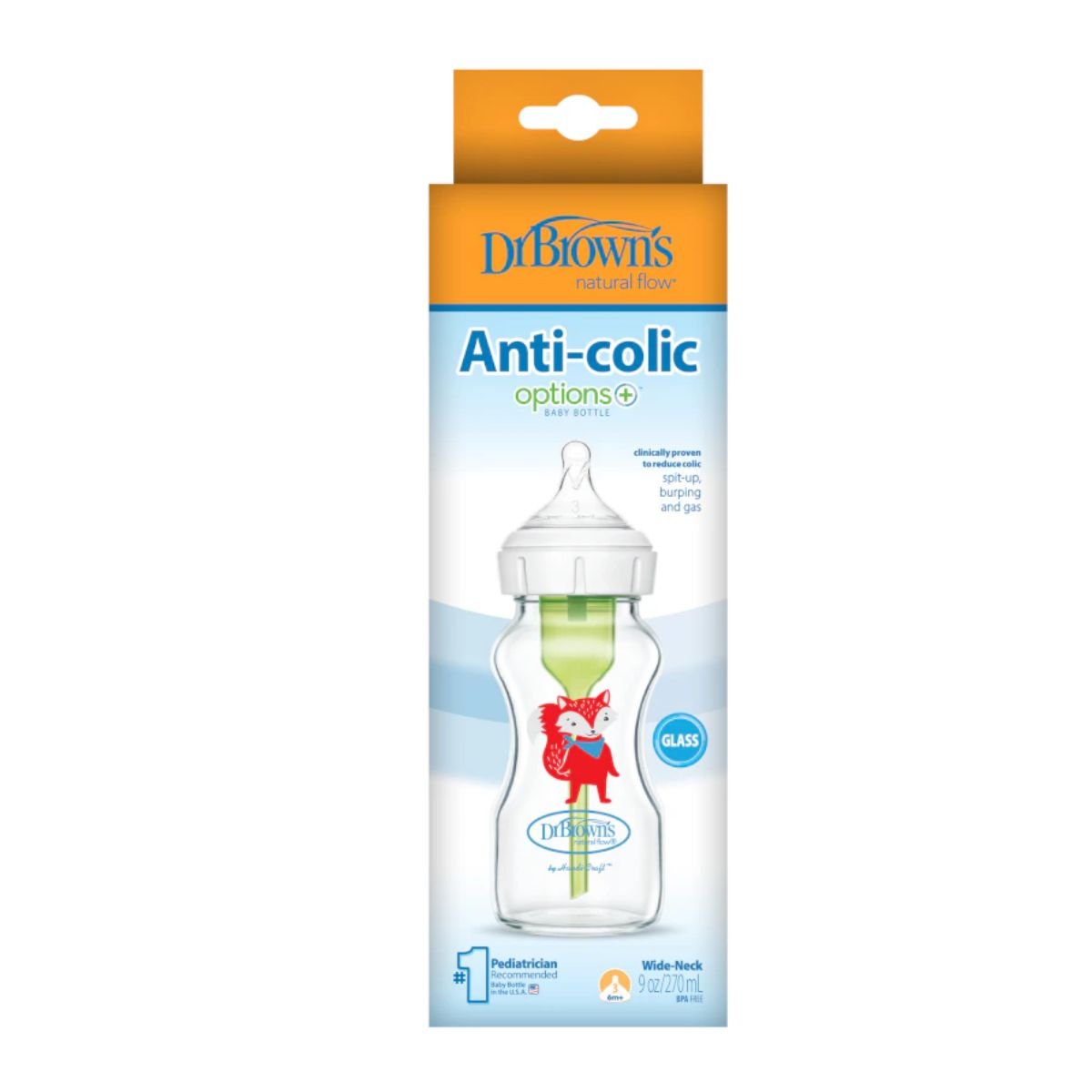 Dr. Brown's9 oz/270 mL Glass Wide NeckOptions+ Baby Bottle w/ L3 Teat Fox, 1 - PackBaby Bottle - Babies Mart Australia