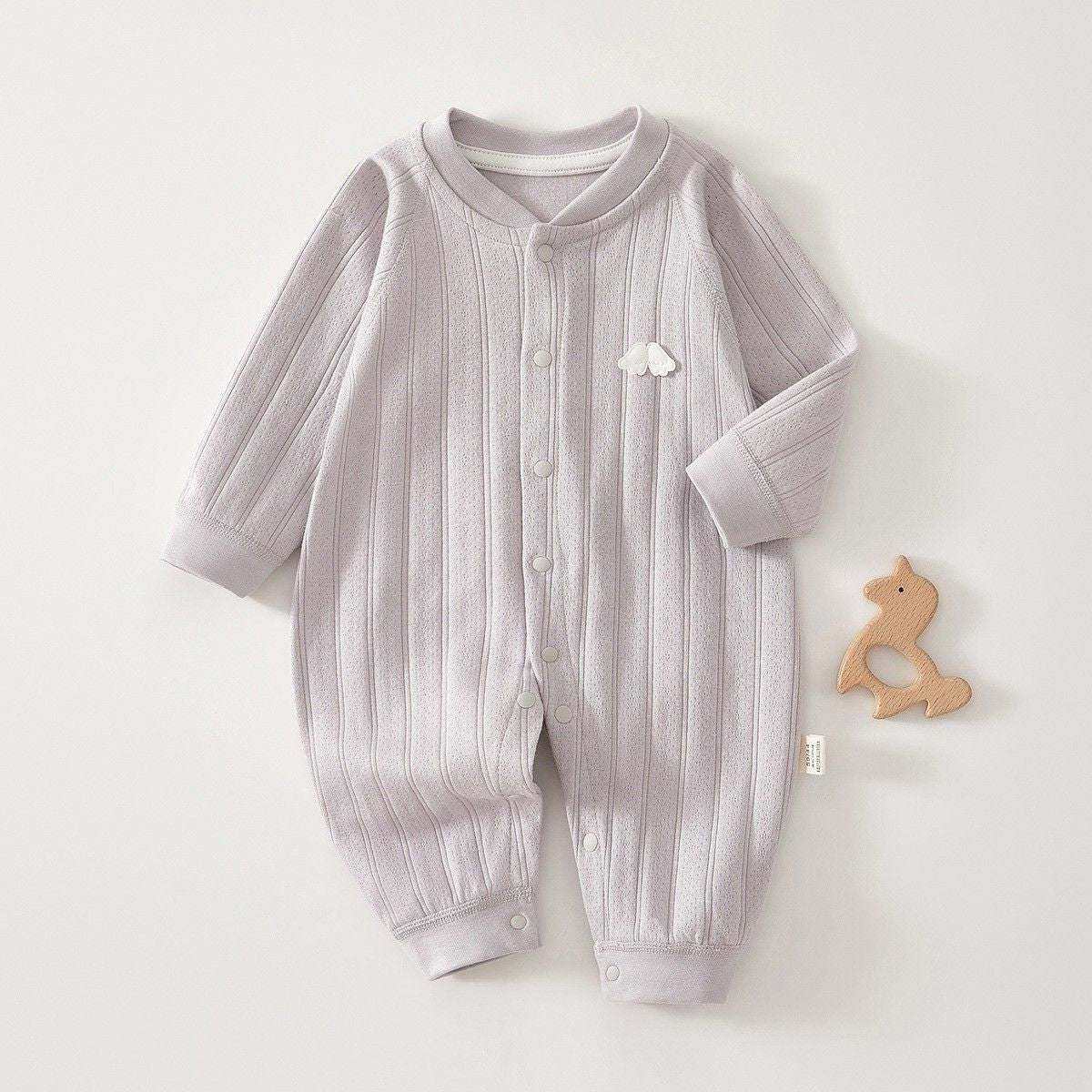 Feather and Fawn all-season baby romper in mid-weight cotton with full front snaps