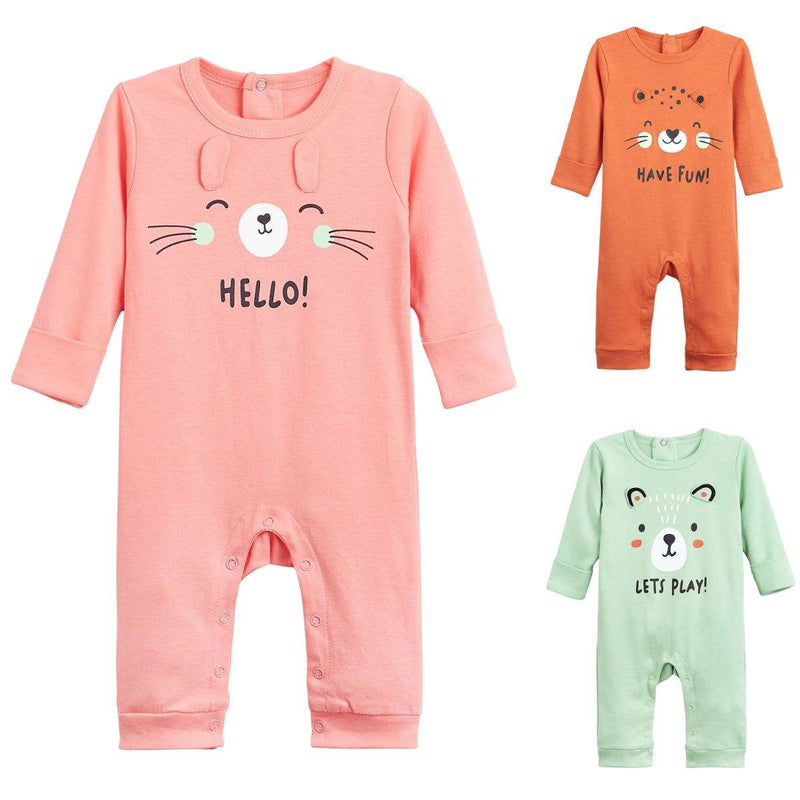 Feather and Fawn baby romper with animal face and fold-over mitts
