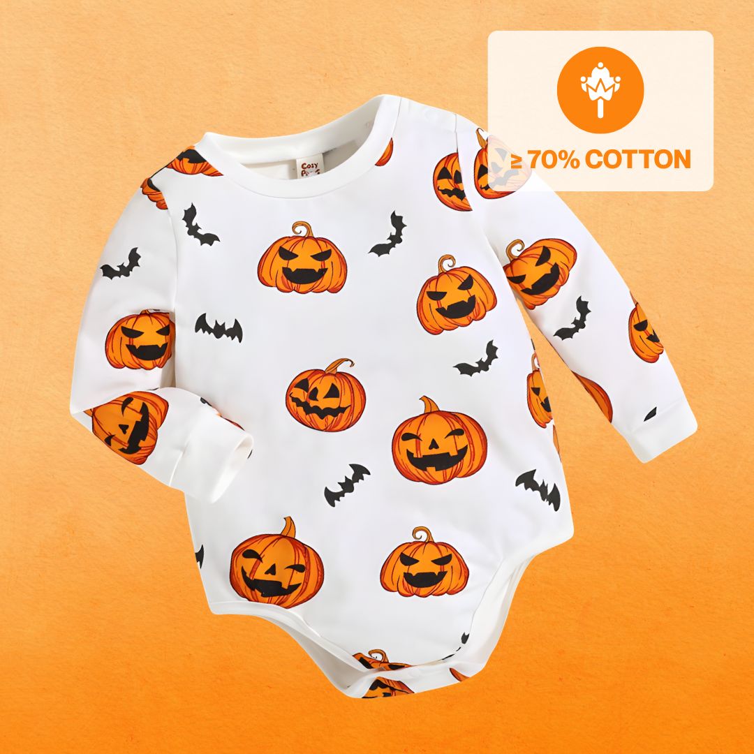 Feather & Fawn Baby Boy Halloween Bodysuit | Cartoon Pumpkin Print Long Sleeve Romper (Newborn to 3 Years) Halloween