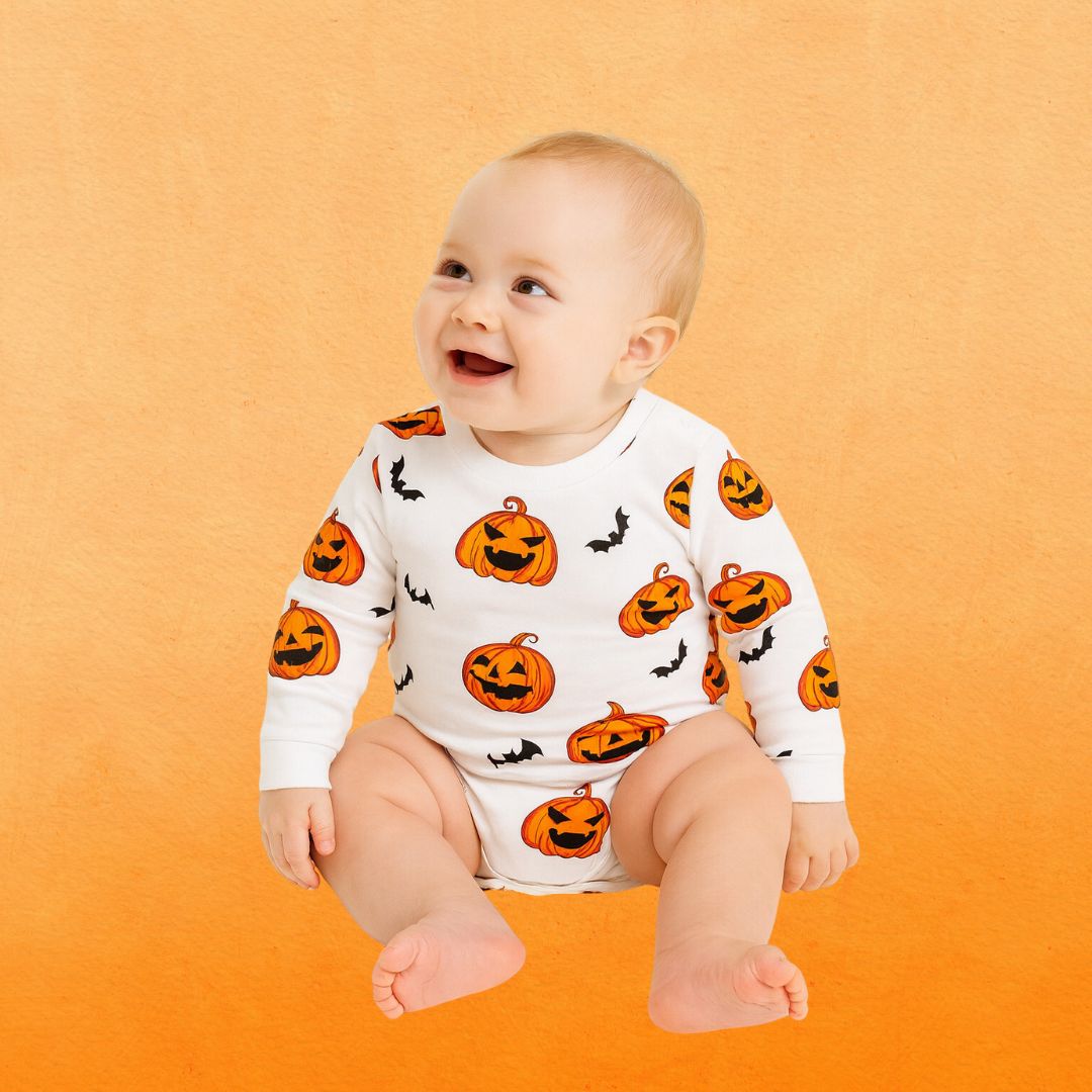 Feather & Fawn Baby Boy Halloween Bodysuit | Cartoon Pumpkin Print Long Sleeve Romper (Newborn to 3 Years) Halloween
