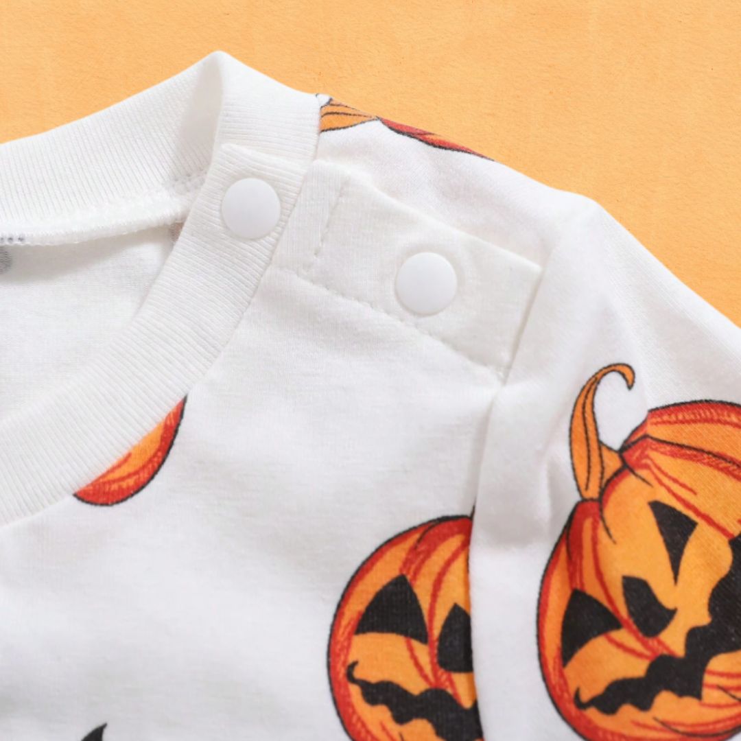 Feather & Fawn Baby Boy Halloween Bodysuit | Cartoon Pumpkin Print Long Sleeve Romper (Newborn to 3 Years) Halloween