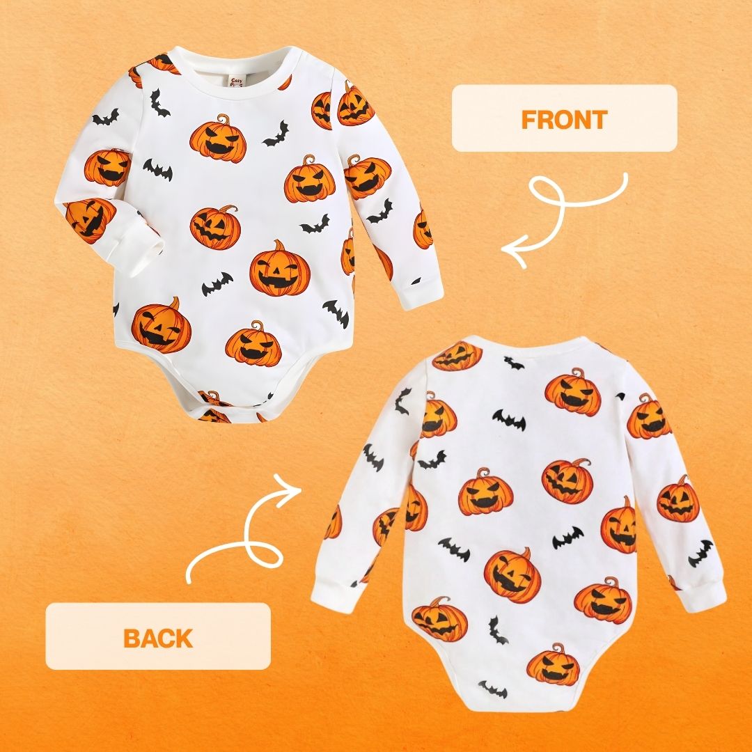 Feather & Fawn Baby Boy Halloween Bodysuit | Cartoon Pumpkin Print Long Sleeve Romper (Newborn to 3 Years) Halloween