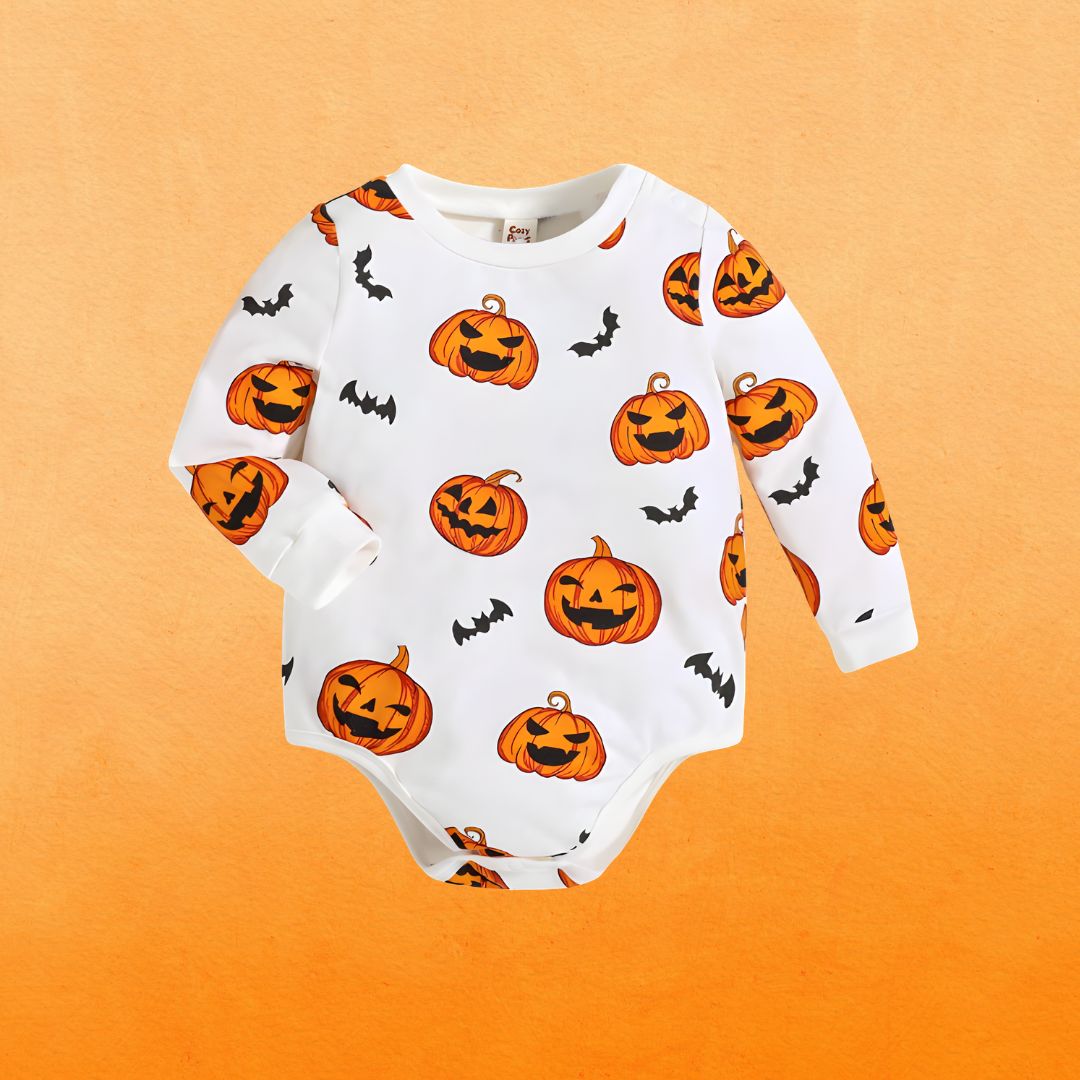 Feather & Fawn Baby Boy Halloween Bodysuit | Cartoon Pumpkin Print Long Sleeve Romper (Newborn to 3 Years) Halloween