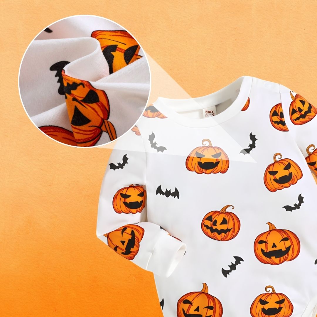 Feather & Fawn Baby Boy Halloween Bodysuit | Cartoon Pumpkin Print Long Sleeve Romper (Newborn to 3 Years) Halloween